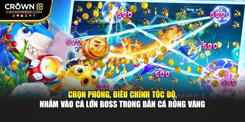 Chọn phòng, điều chỉnh tốc độ, nhắm vào cá lớn boss trong bắn cá Rồng Vàng